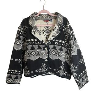Vintage Cropped Cardigan Aztec Tribal Tapestry Women’s L Black White Long Sleeve
